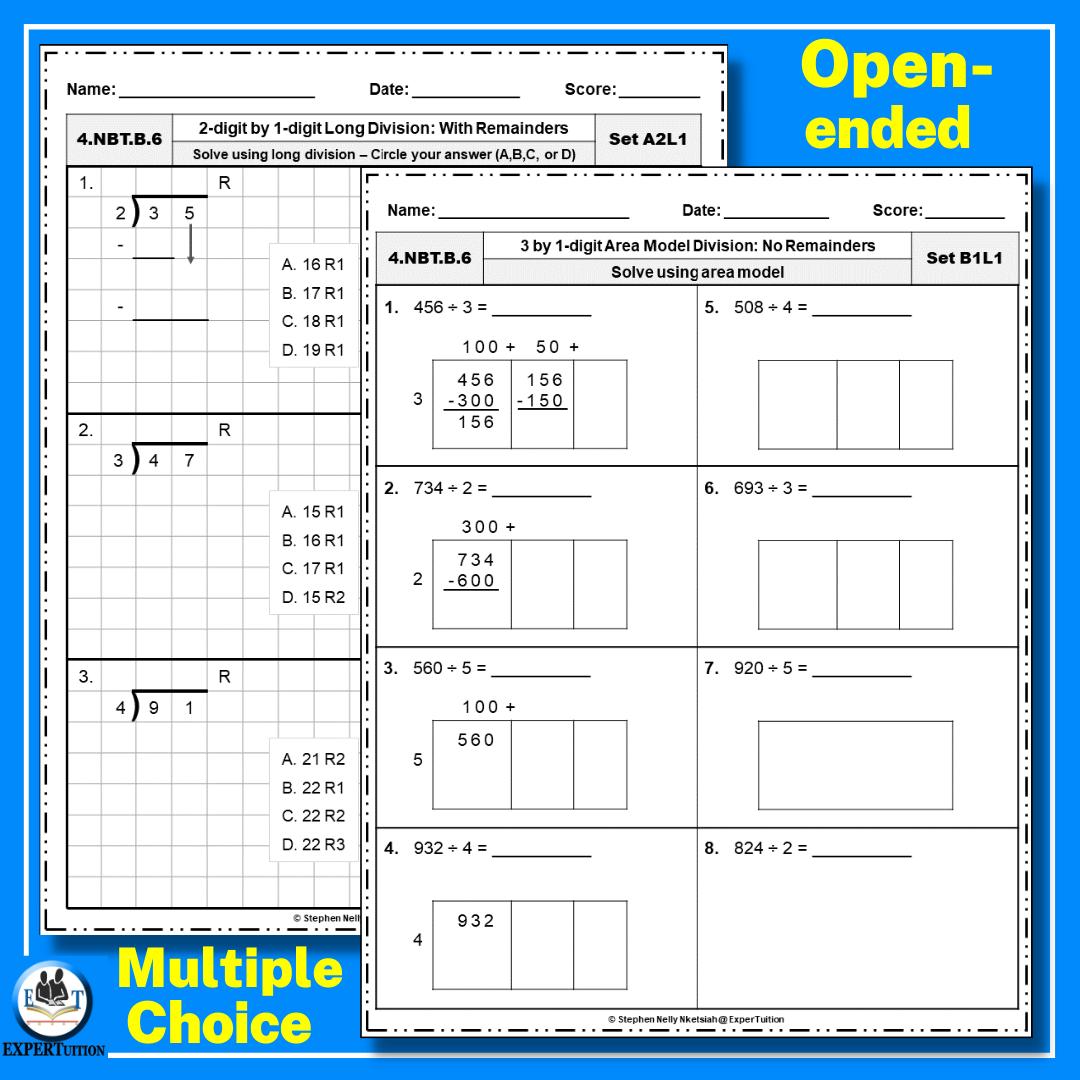 2 Digit By 1 Digit Partial Quotients Division With And Without Remainders Practice Worksheets Made By Teachers