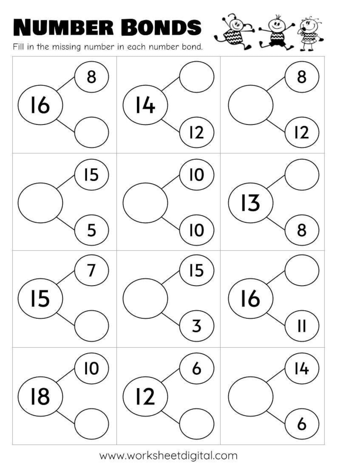 10 Printable Number Bonds Math Worksheets Numbers 1 To 20 Kindergarten First Grade Homeschool Etsy 10 Printable Number Bonds Math Worksheets Numbers 1 To 20 Kindergarten First Grade Homeschool Etsy