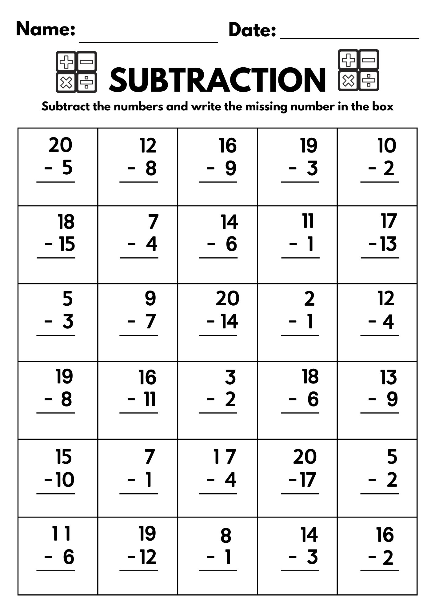 10 Printable Subtraction Fill In The Blanks Worksheets Numbers 1 20 For Kindergarten 1st Grade 2nd Grade Math Subtraction Worksheets Etsy