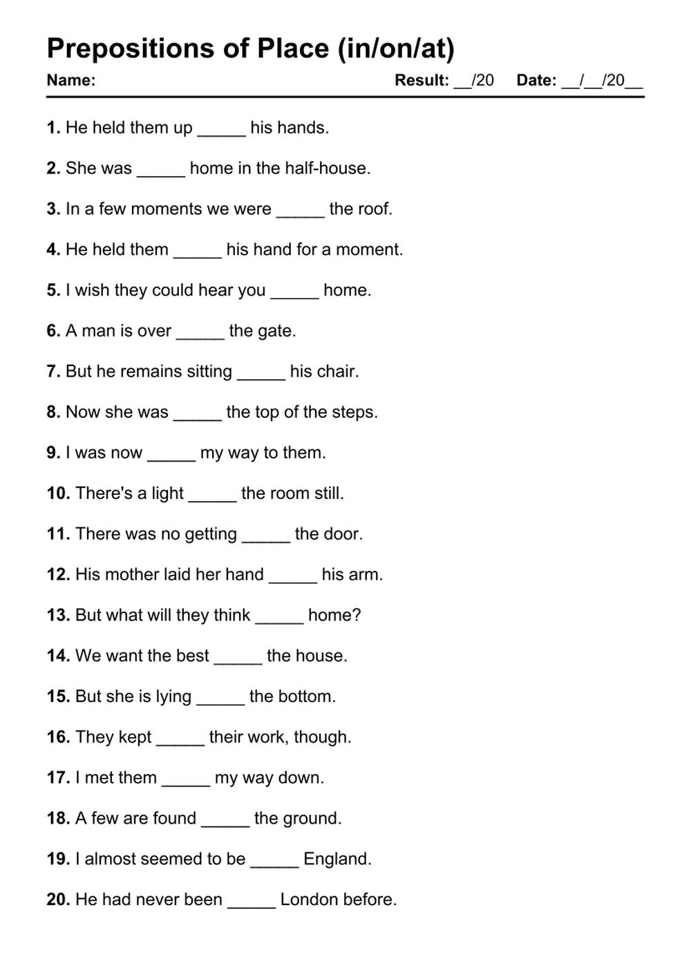 Class 4 English Grammar Prepositions Worksheet PDF With Answers