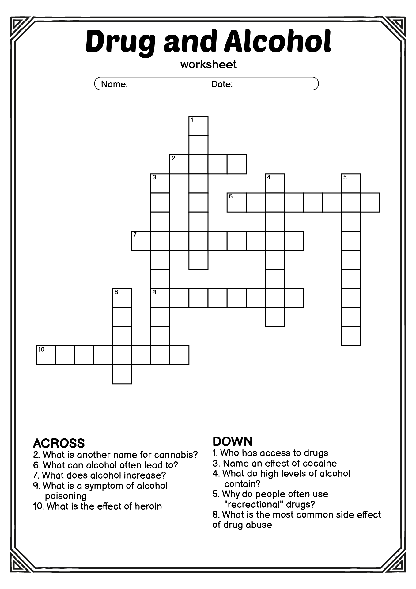 Drugs And Alcohol Worksheet WordMint