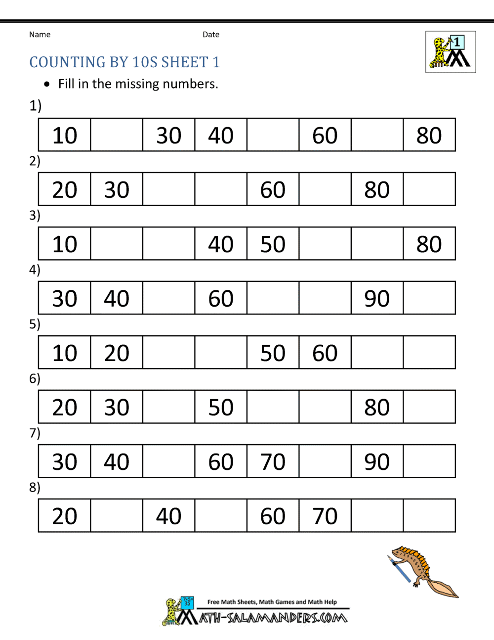 1st Grade Math Worksheets Counting By 1s And 10s SKip Counting By 10 Worksheets