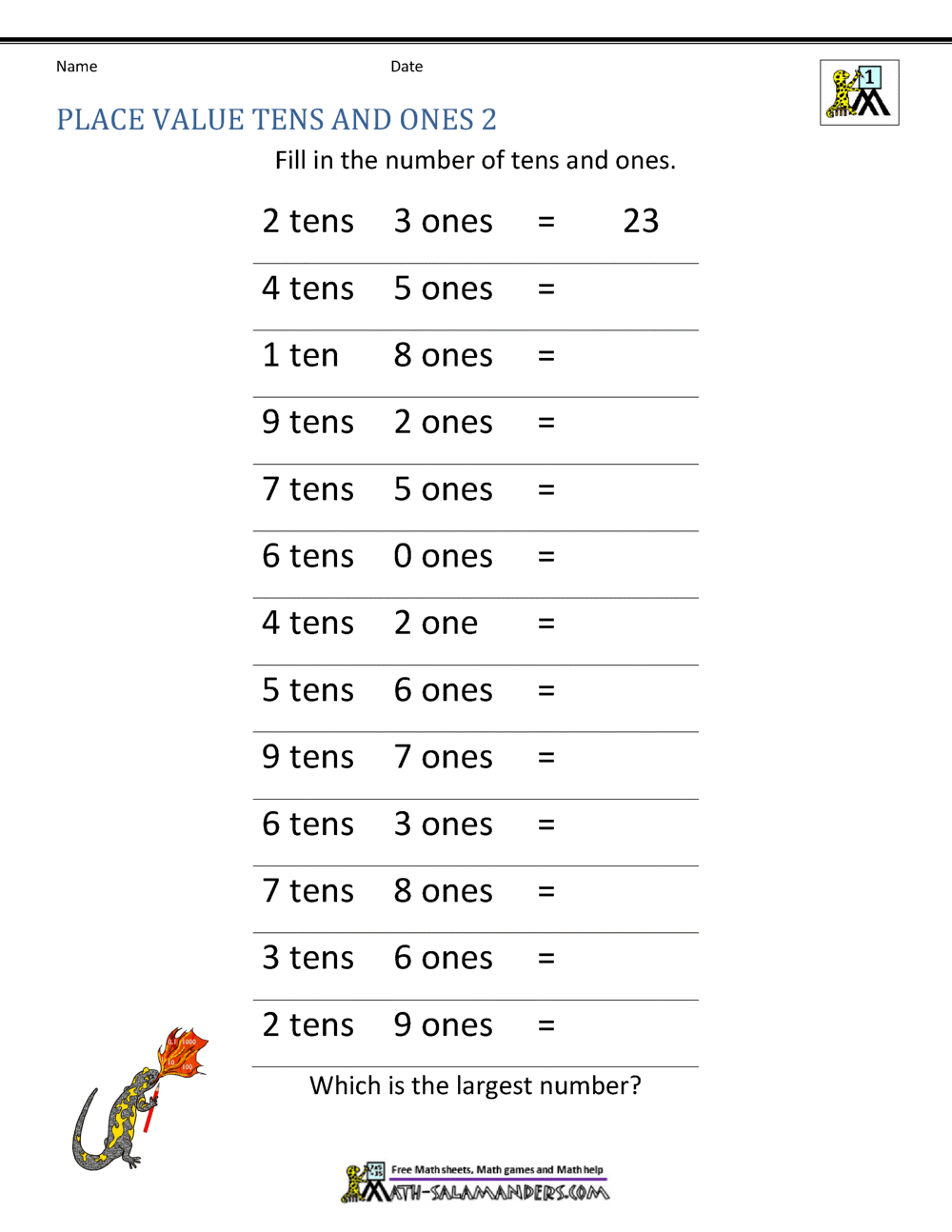1st Grade Place Value Worksheets 2 Digit Numbers