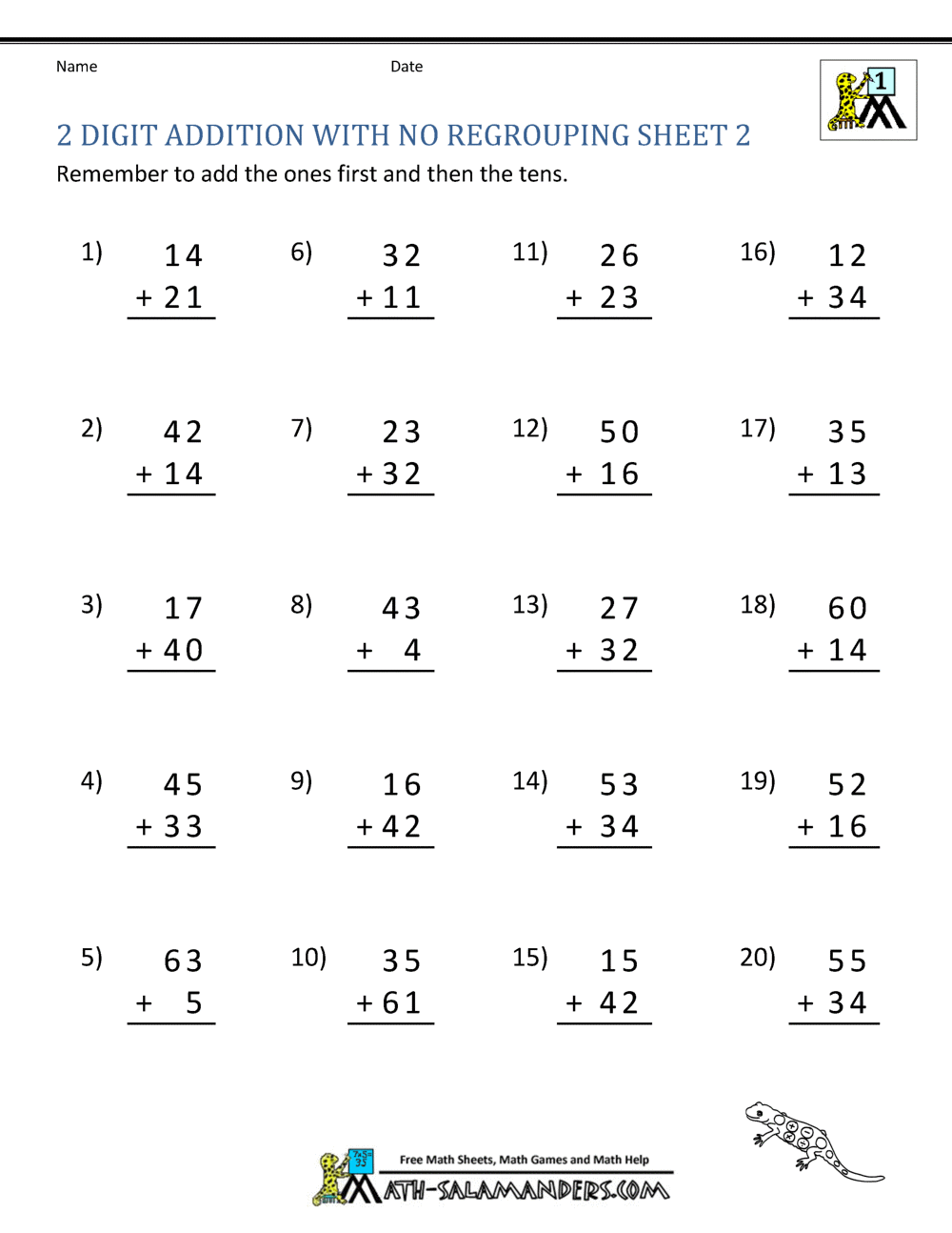 2 Digit Addition Without Regrouping Adding 2 Digit Numbers Without Regrouping 50 Questions Fun And Engaging 2nd Grade PDF Worksheets Cazoom Math