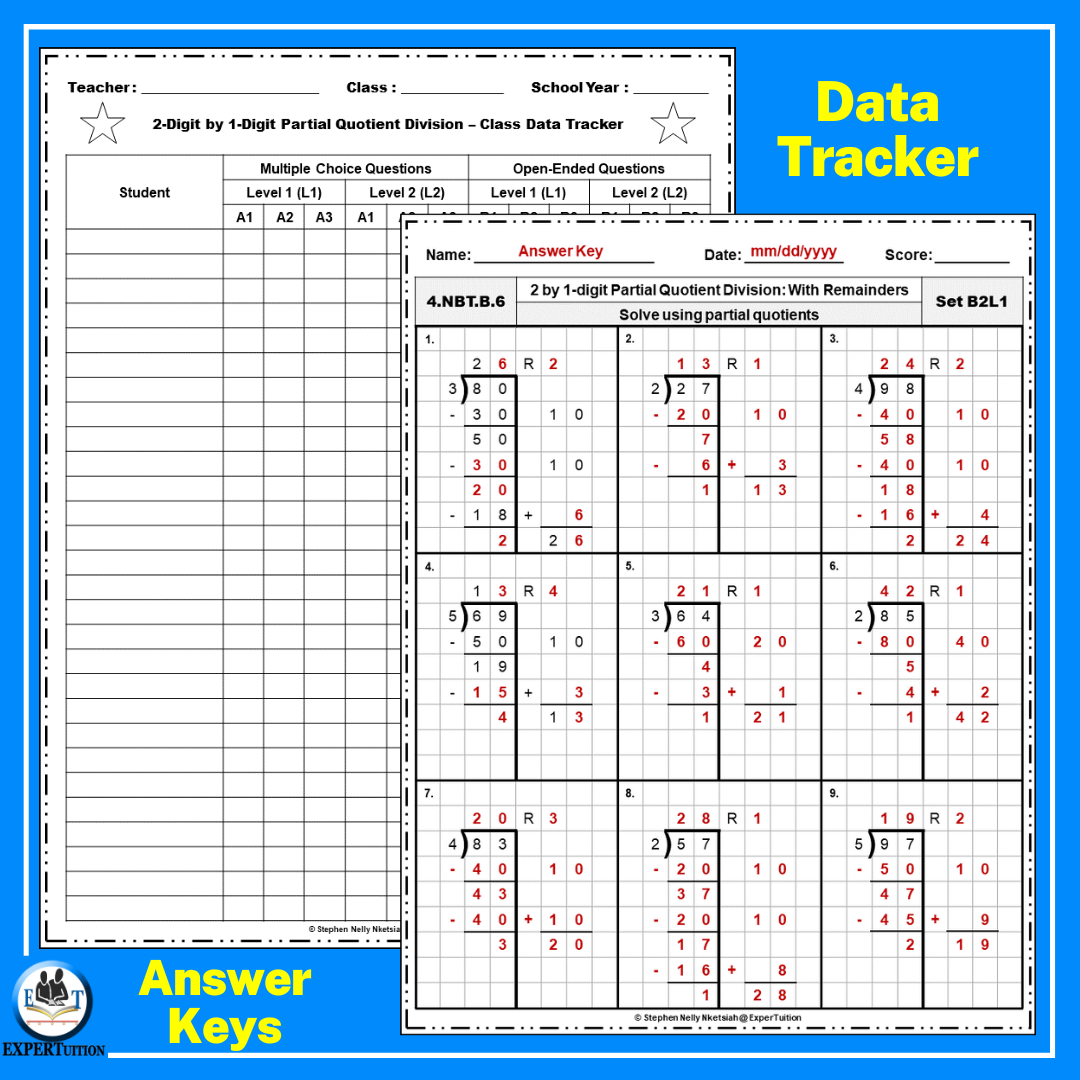 4 Digit By 1 Digit Partial Quotients Division With And Without Remainders Practice Worksheets Made By Teachers