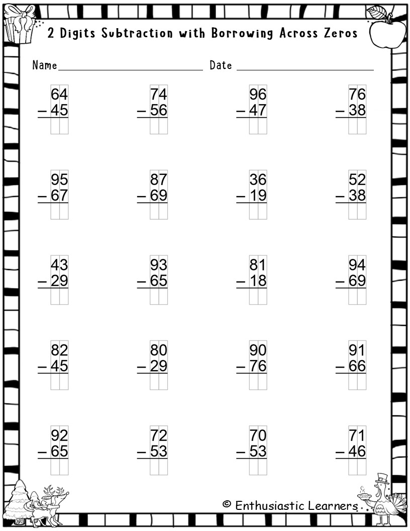 2 Digit Subtraction With Borrowing Across Zero Worksheets Regrouping Through Zero Practice Teaching Resources