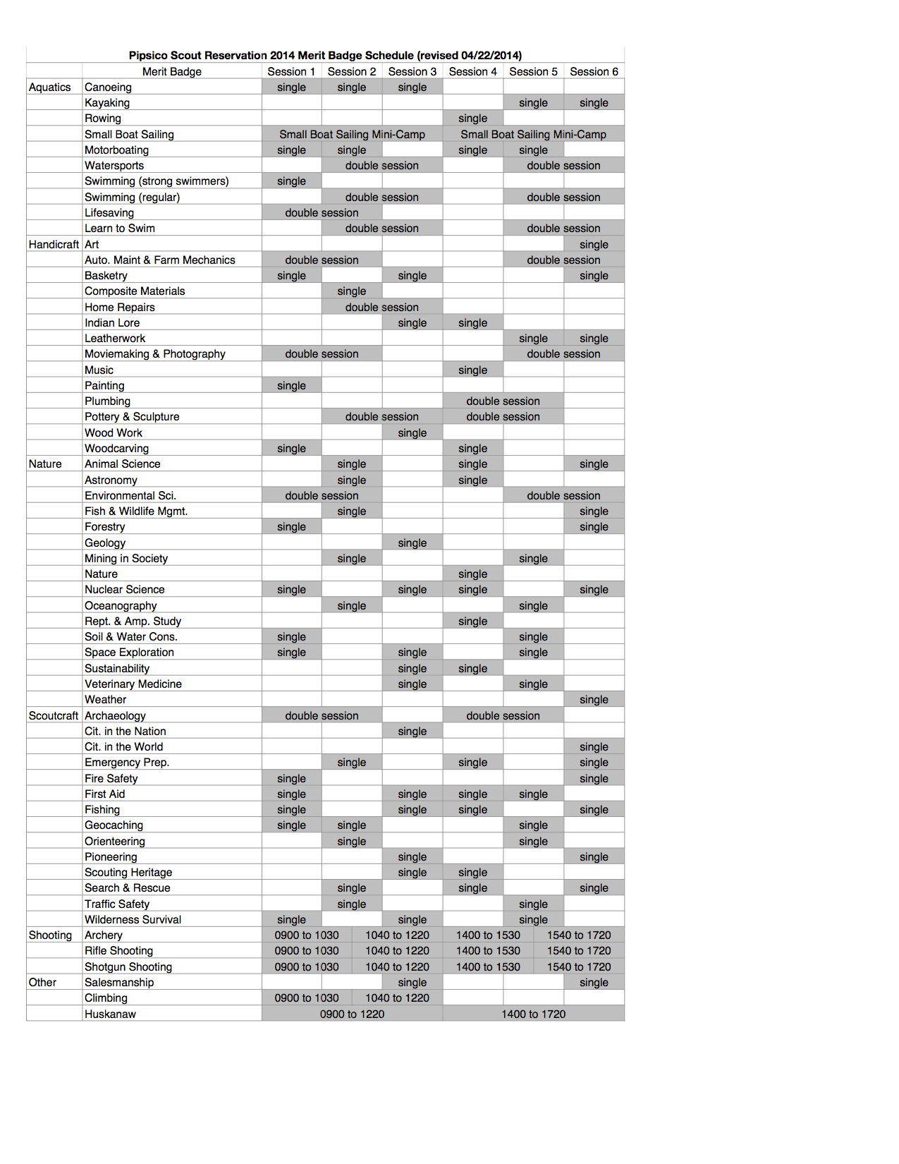 2014 Merit Badge Schedule Pipsico BSA Worksheets Library