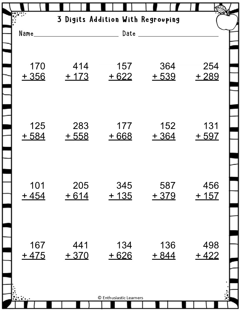 3 Digits Addition With Regrouping Math Worksheets Problems Teaching Resources Third Grade Math Worksheets PDF Free Download