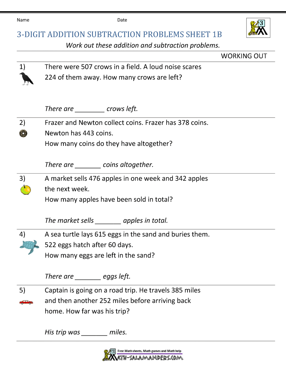 3rd Grade Addition And Subtraction Word Problems 3rd Grade Word Problems Free PDF Worksheets Mashup Math