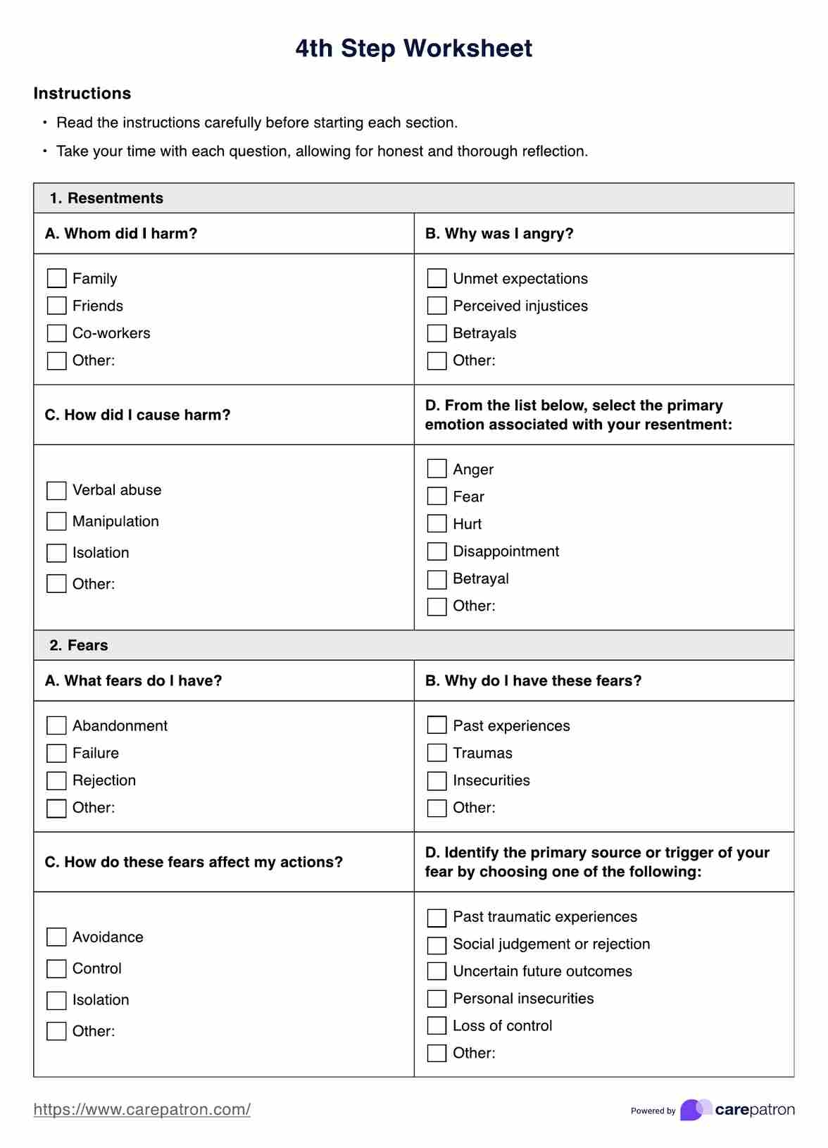 AA Step 12 Worksheets