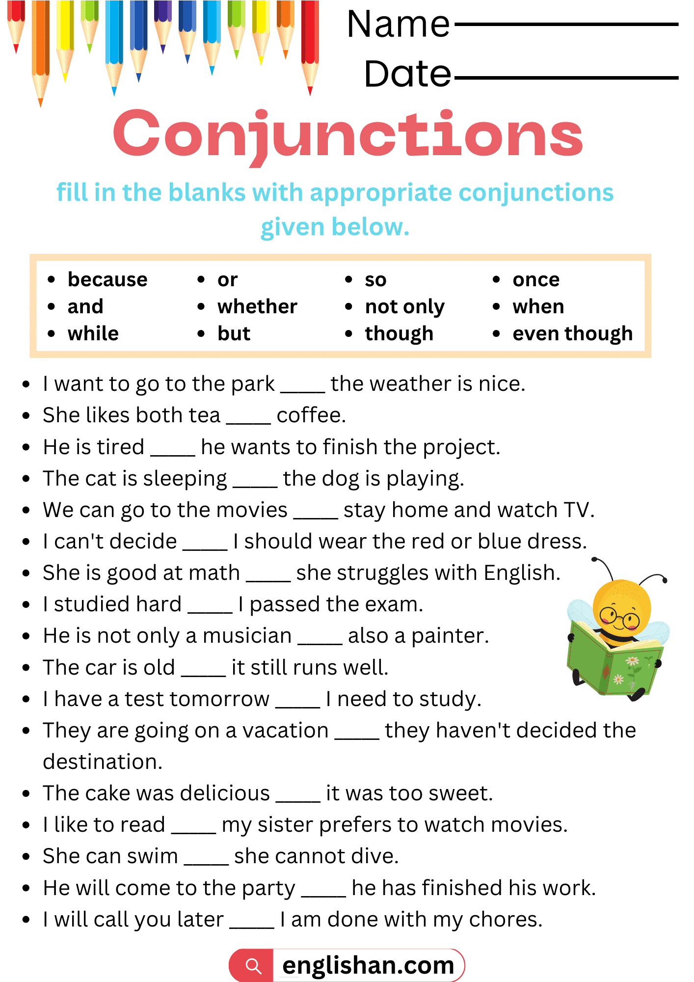 6 Printable Conjunctions Worksheets With Answers In English Englishan