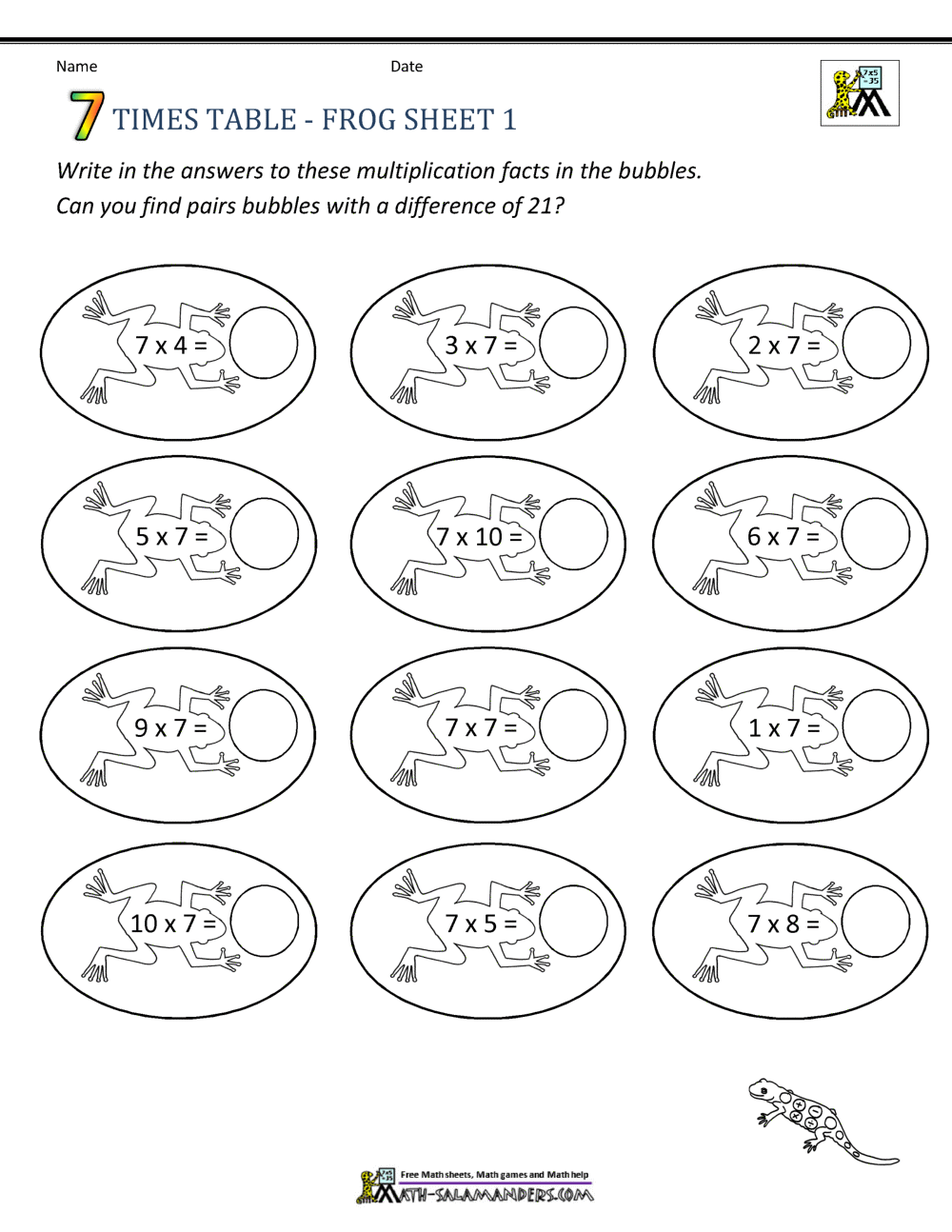 7 Times Table Worksheet Page
