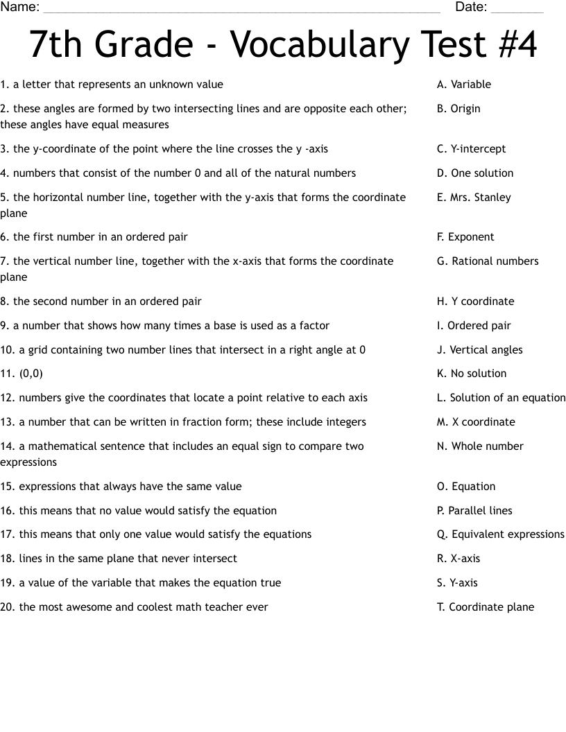 7th Grade Vocabulary Test 4 Worksheet WordMint 7th Grade Vocabulary Test 4 Worksheet WordMint