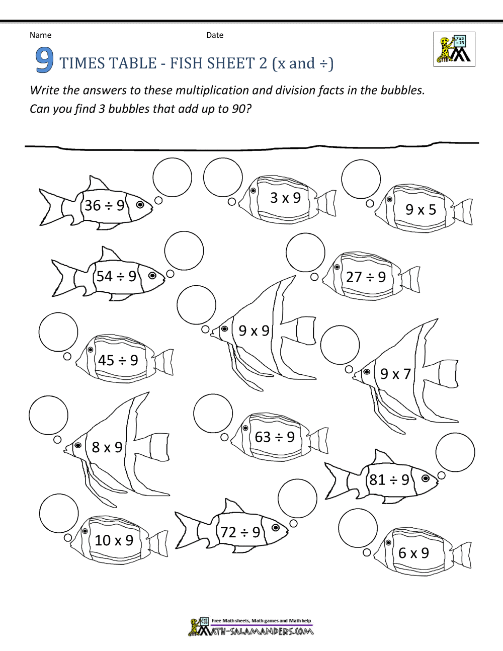 9 Times Table Worksheets
