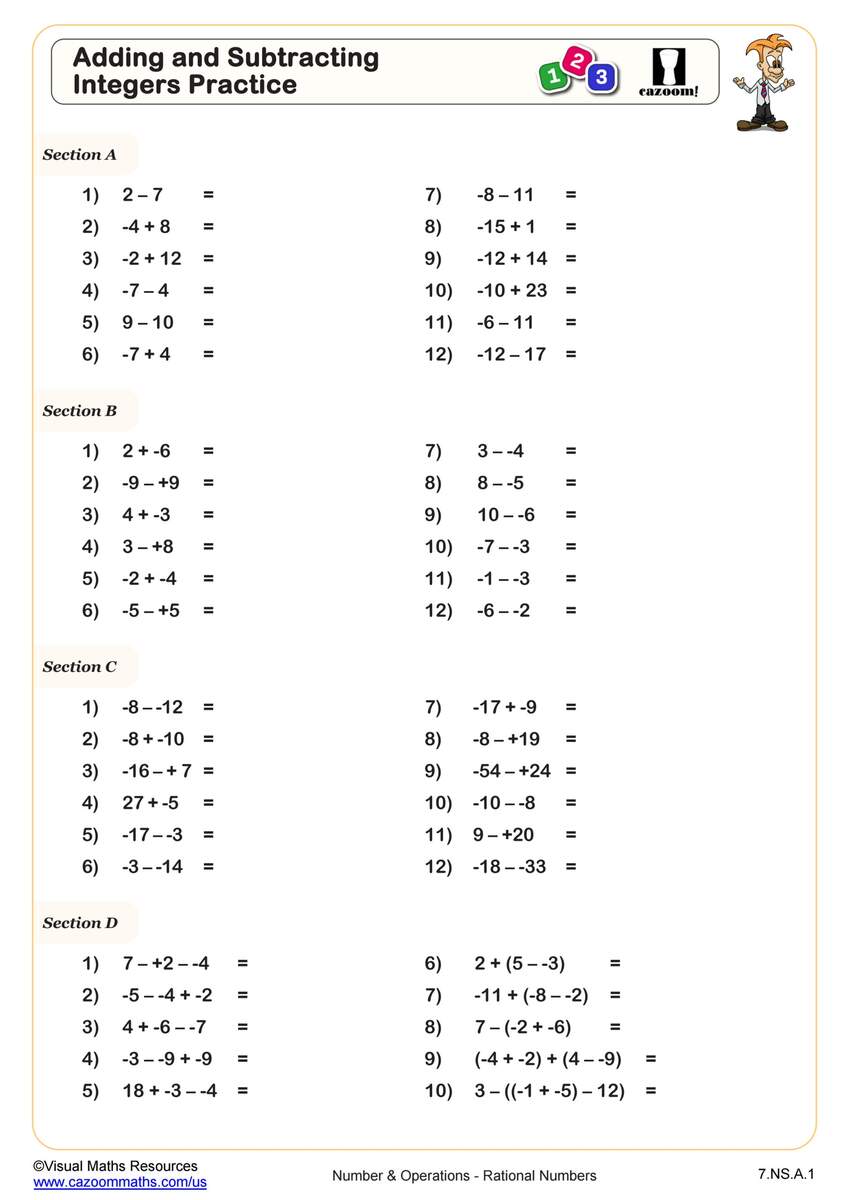 Adding And Subtracting Integers Practice Worksheet 7th Grade PDF Worksheets Cazoom Math Integers Worksheets For Grade 7 Math