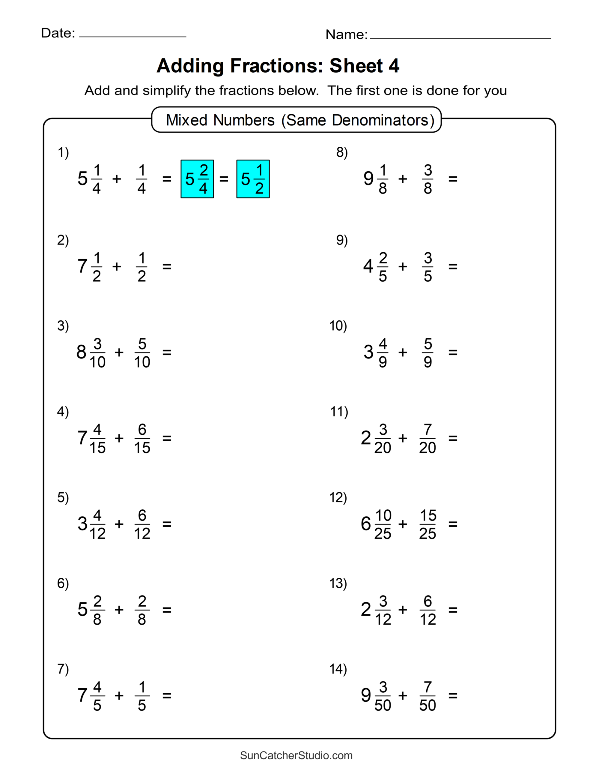 Adding Fractions Worksheets Same And Unlike Denominators Free Printables Lettering SVG Files Tools Apps