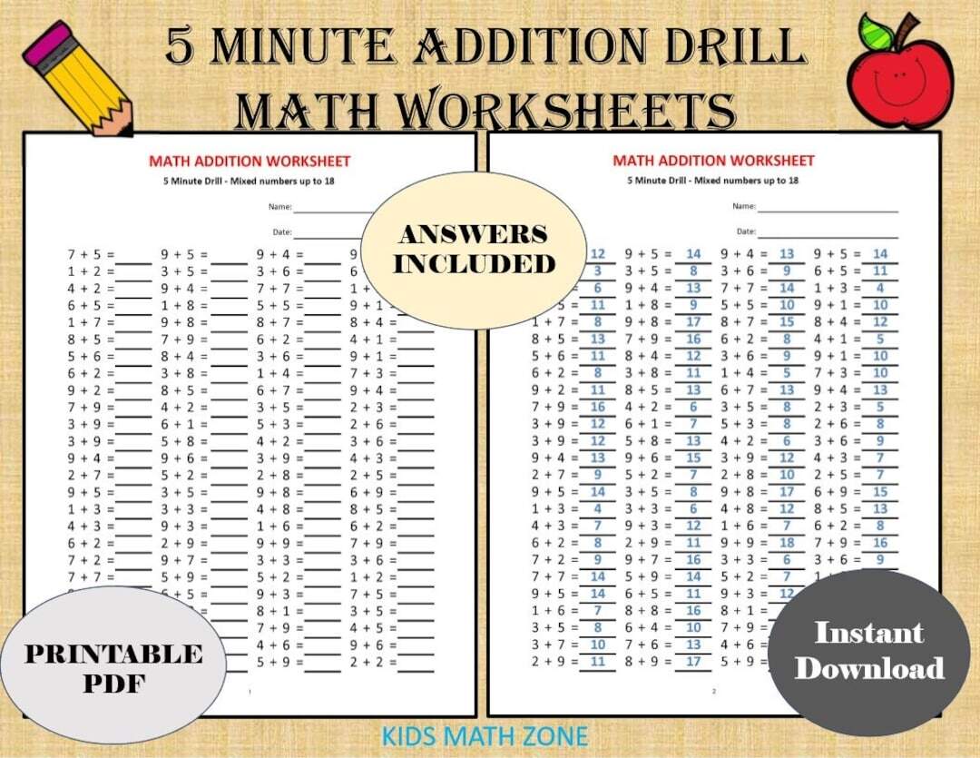 Addition 5 minute Drill Worksheets With Answers PDF Download Etsy