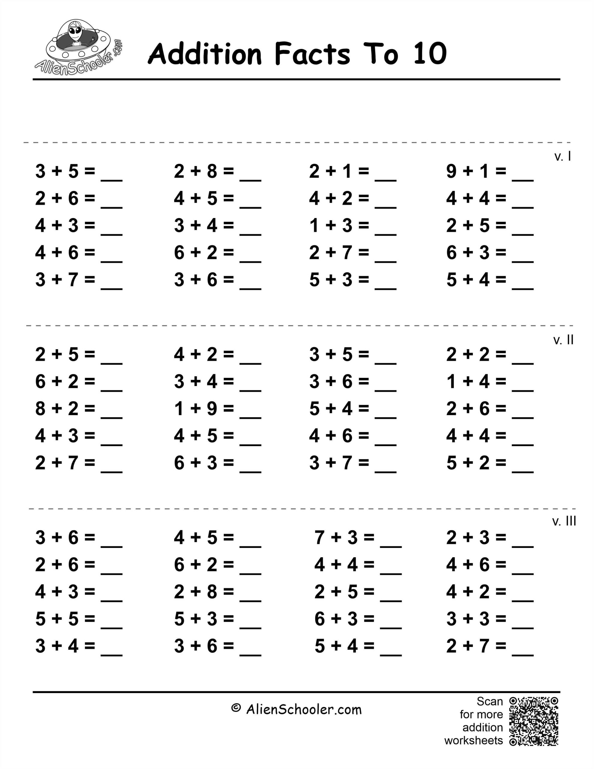 Addition Facts To 12 Sheet 1