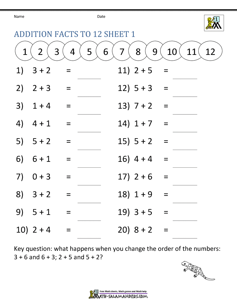 Addition Facts To 12 Sheet 1