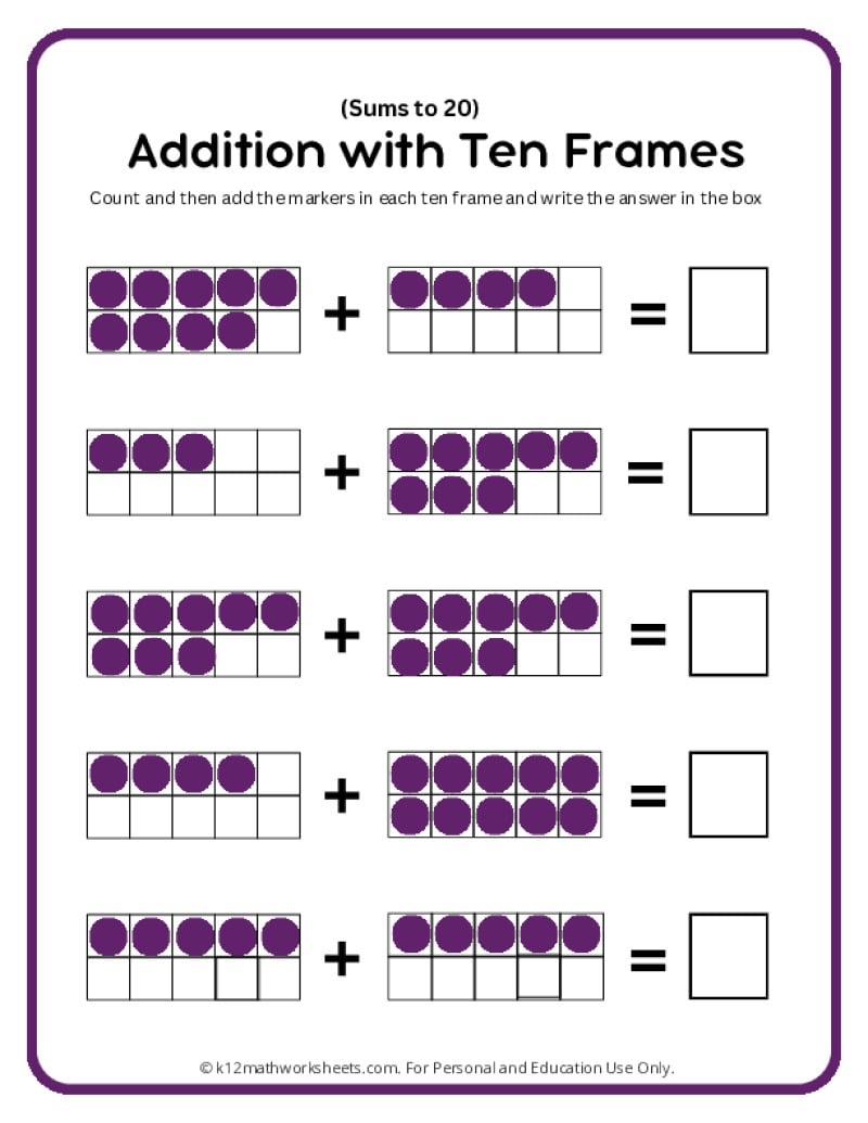 Addition With Ten Frames Worksheets Ten Frame Printables Paper Trail Design