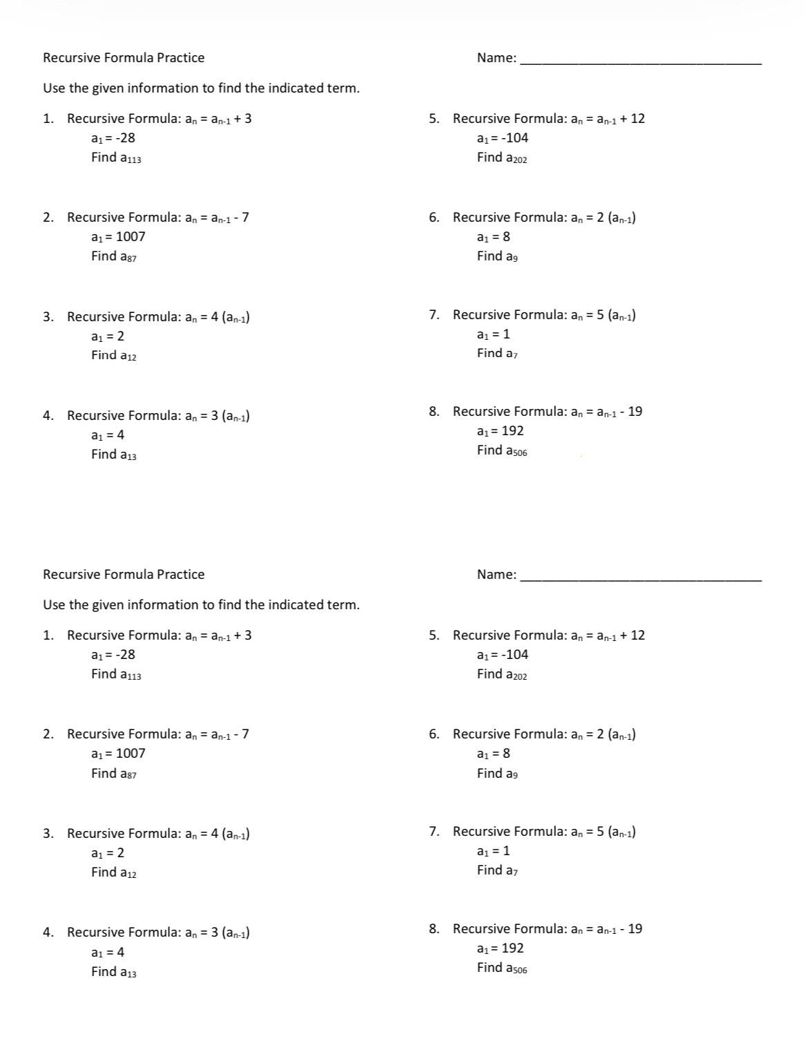 Arithmetic And Geometric Sequences Recursive Formula Practice TPT Arithmetic And Geometric Sequences Recursive Formula Practice TPT