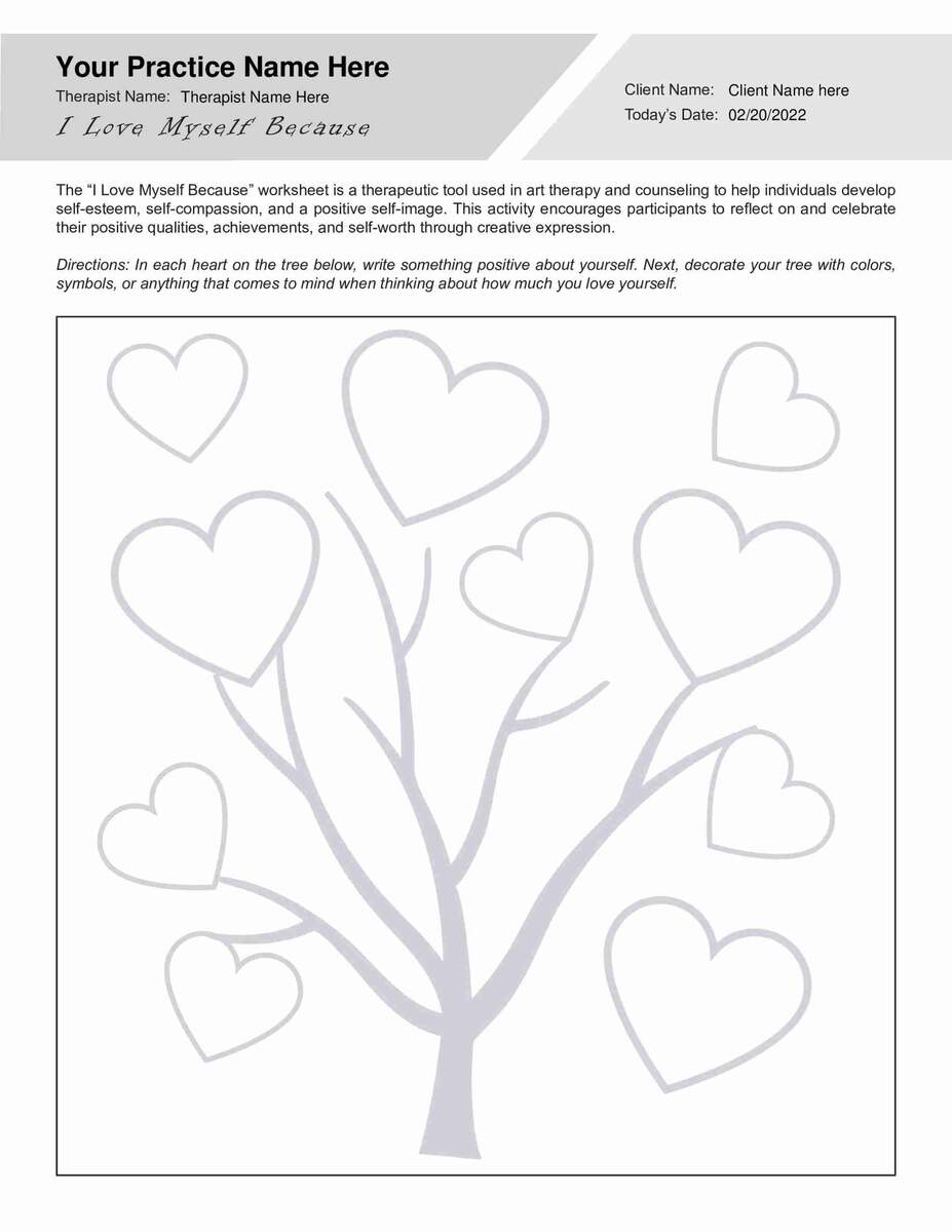 Art Therapy I Love Myself Because Worksheet PDF TherapyByPro