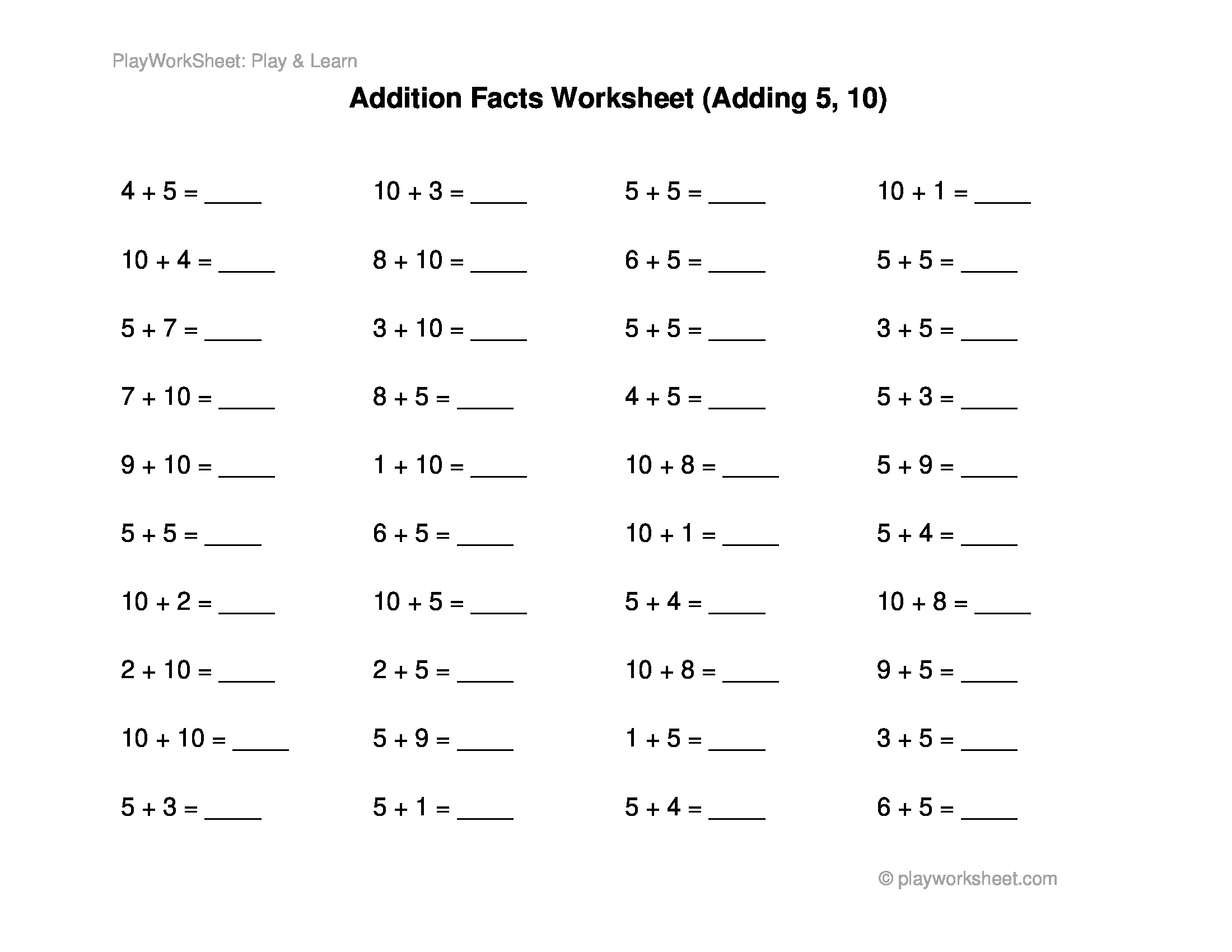 Basic Addition Facts Worksheet Adding 5 And 10 Free Printables For Kids