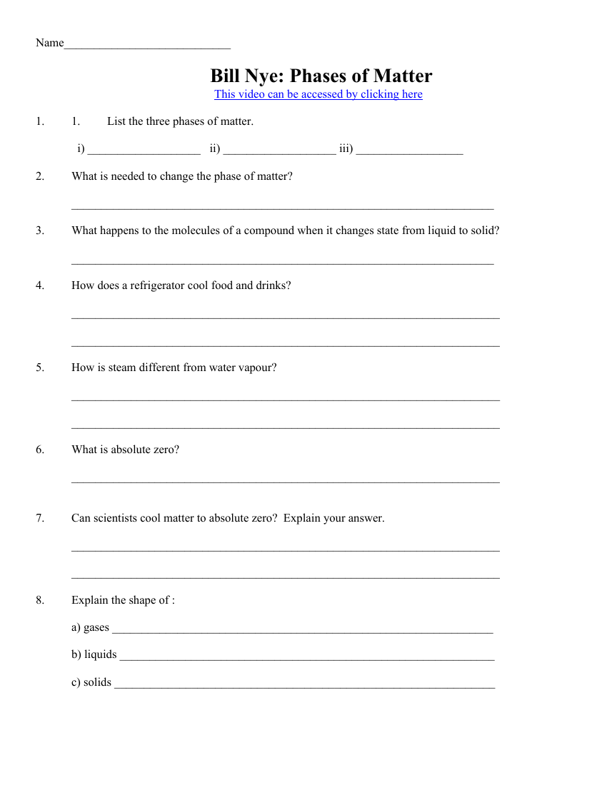 Bill Nye Phases Of Matter Online Exercise For Worksheets Library