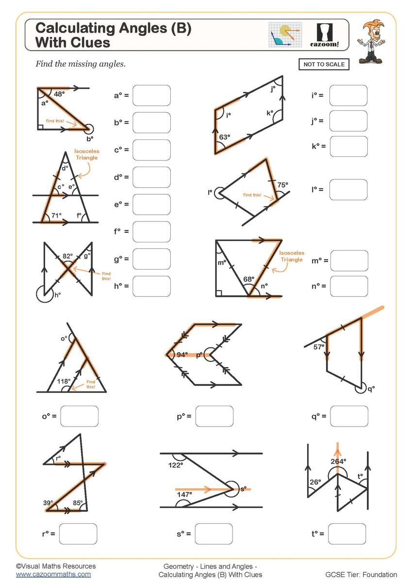 Calculating Angles B With Clues Worksheet Printable Maths Worksheets