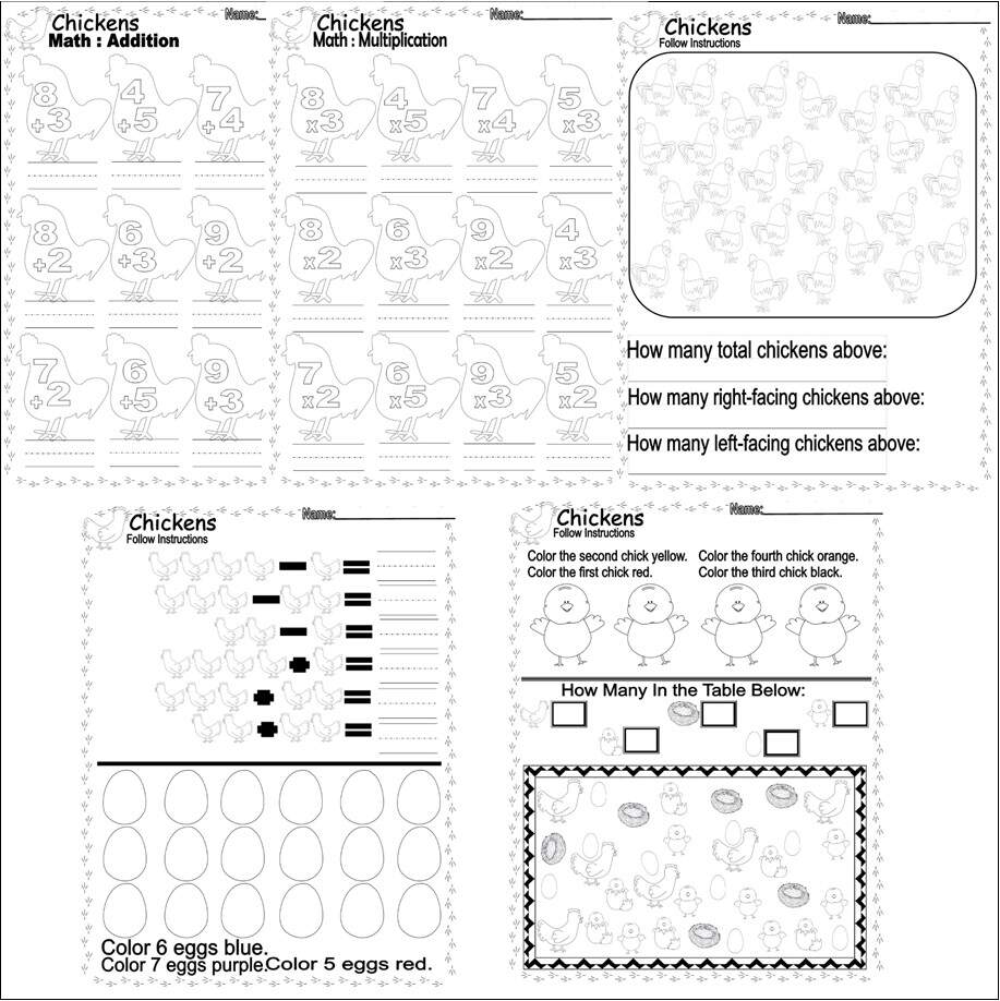 Chicken Math Addition Counting Coloring Multiplying Worksheets Made By Teachers