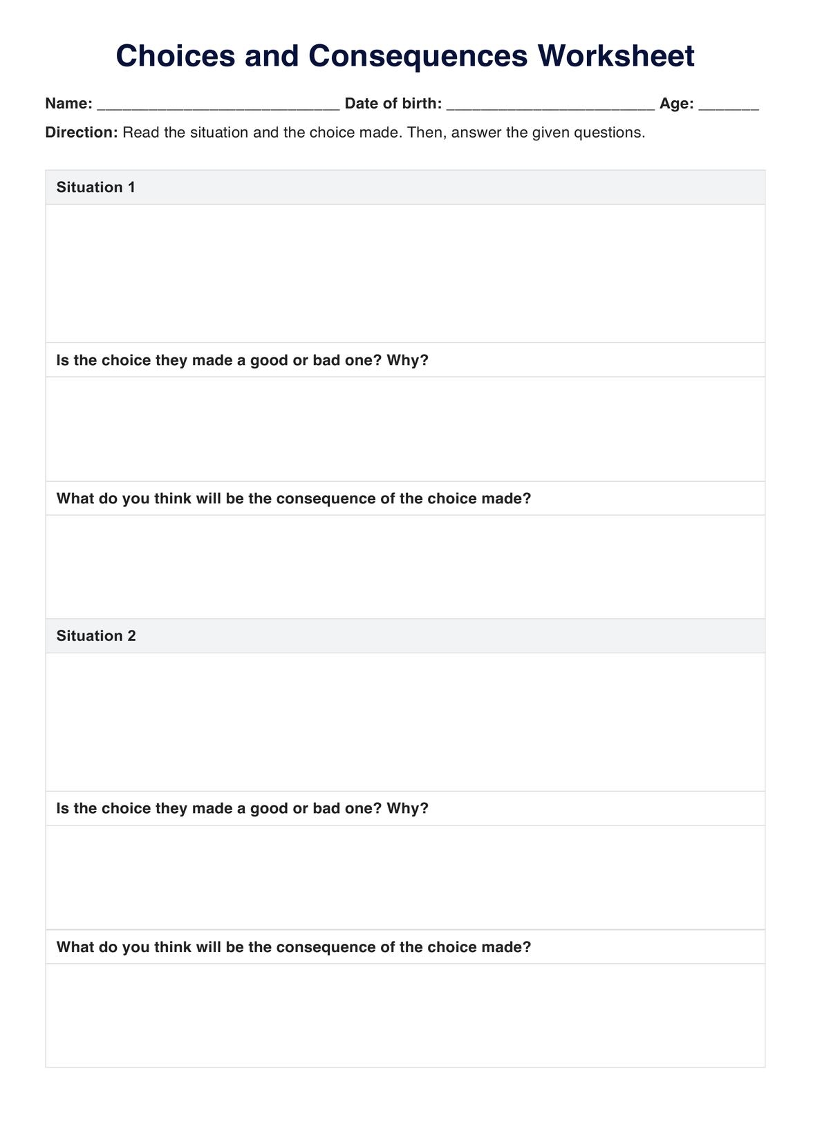Choices And Consequences Worksheets Choices And Consequences Worksheets
