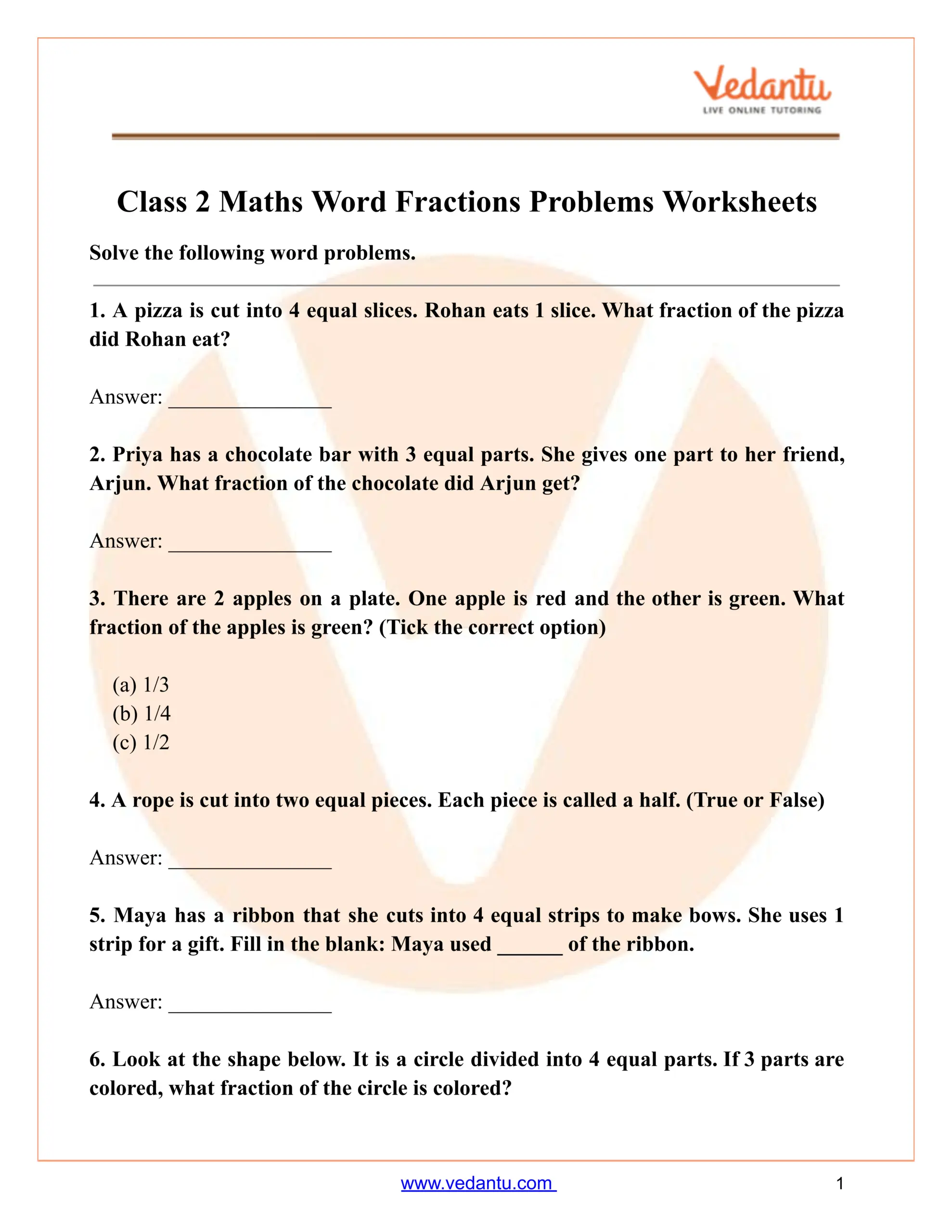 Class 2 Maths Word Fractions Problems Worksheet PDF Class 2 Maths Word Fractions Problems Worksheet PDF