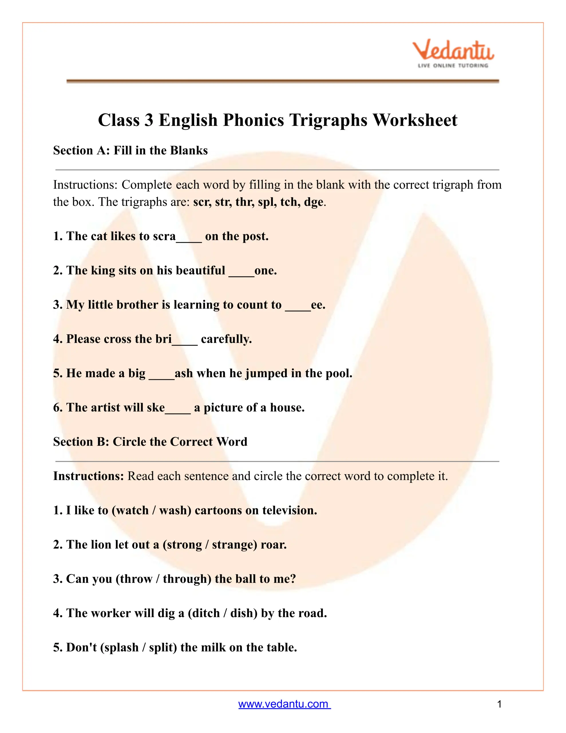 Class 3 Phonics Trigraphs Worksheet PDF Free Printable Practice Class 3 Phonics Trigraphs Worksheet PDF Free Printable Practice