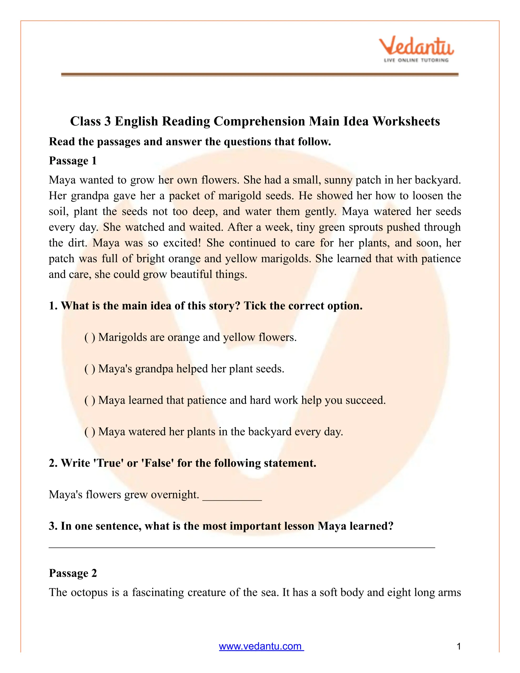 Class 3 Reading Comprehension Main Idea Worksheet PDF Class 3 Reading Comprehension Main Idea Worksheet PDF