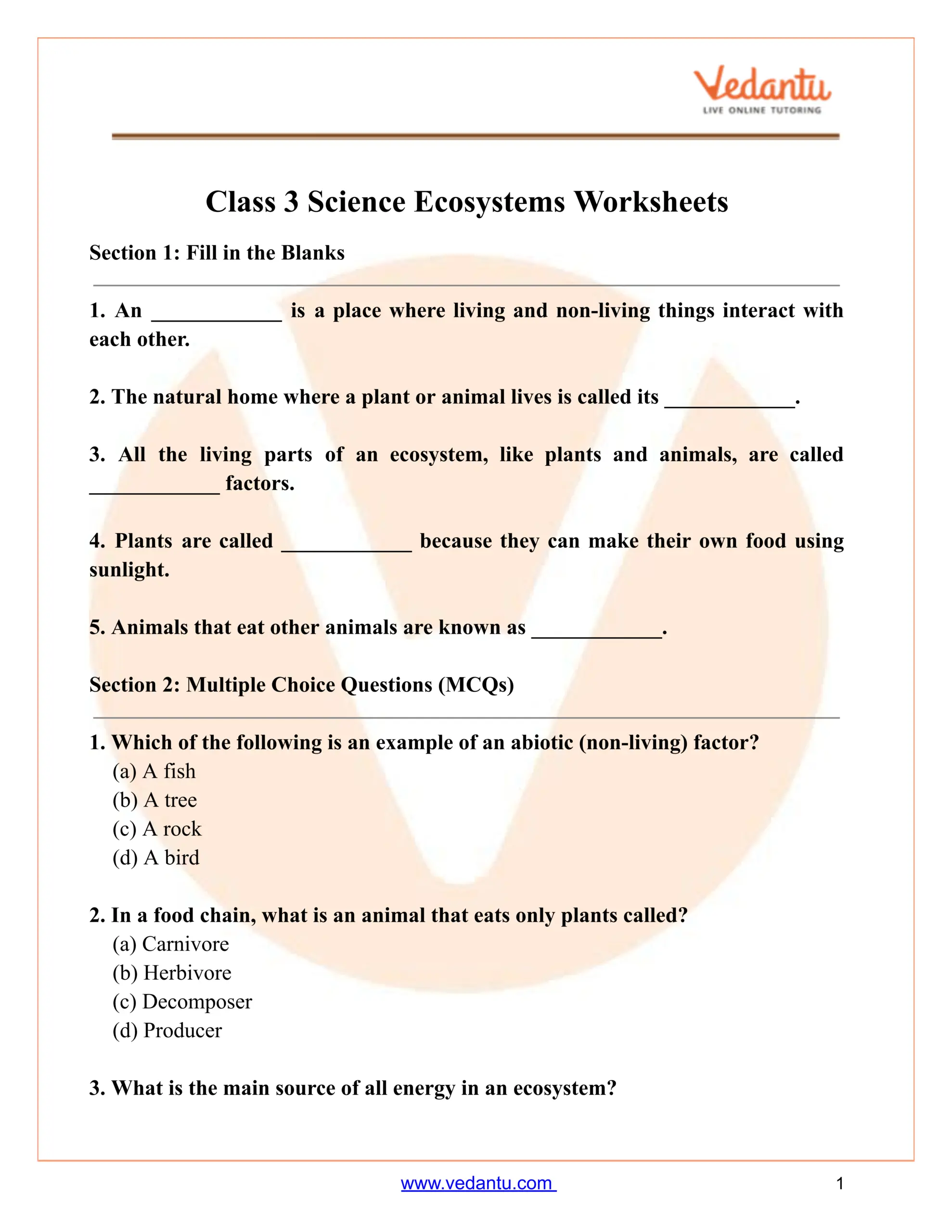 Class 3 Science Ecosystem Worksheet With Answers Free PDF Class 3 Science Ecosystem Worksheet With Answers Free PDF
