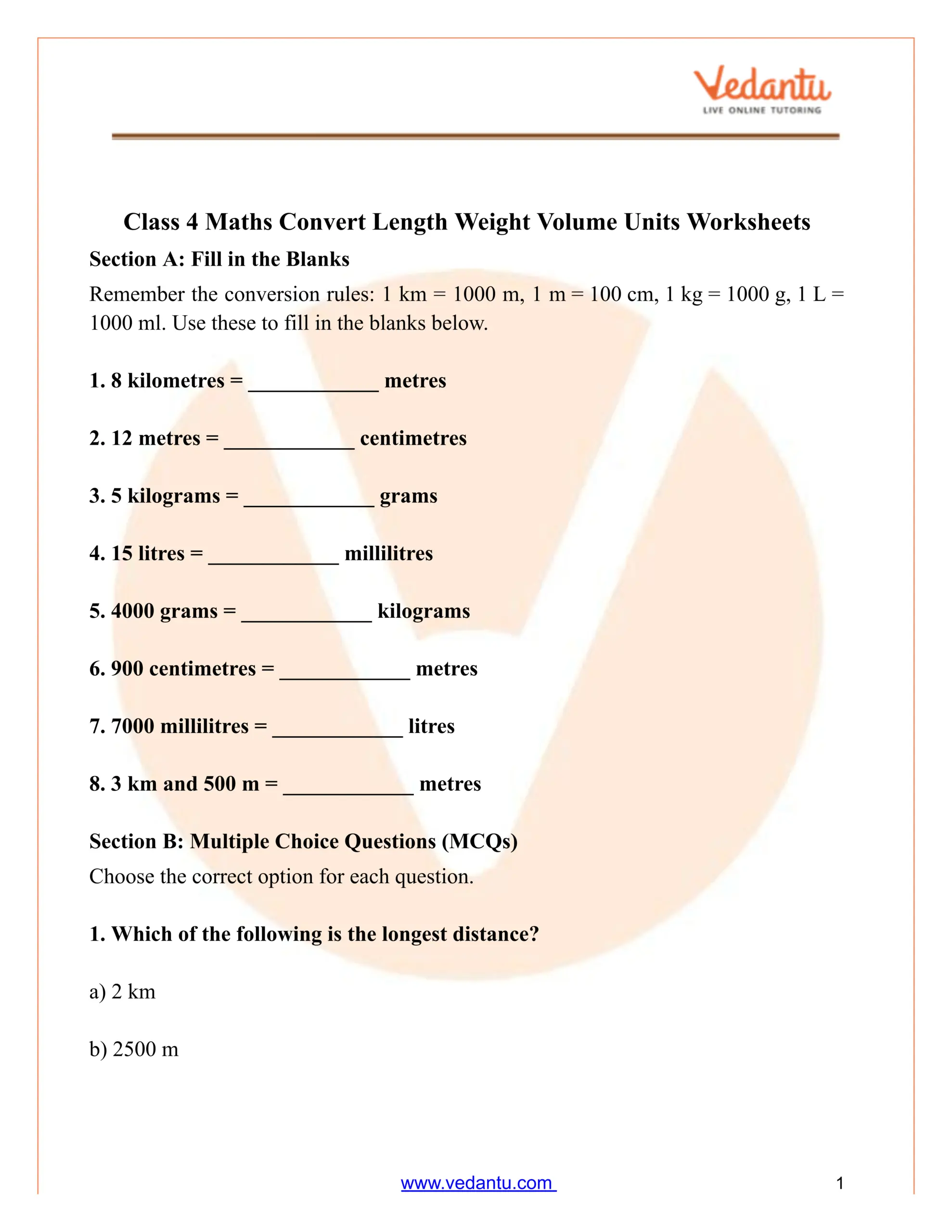 Class 4 Maths Convert Length Weight Volume Units Worksheet
