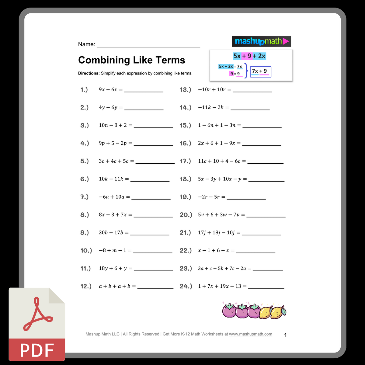 Combining Like Terms Worksheets Printable With Answers Mashup Math FREE Printable Combining Like Terms Worksheets
