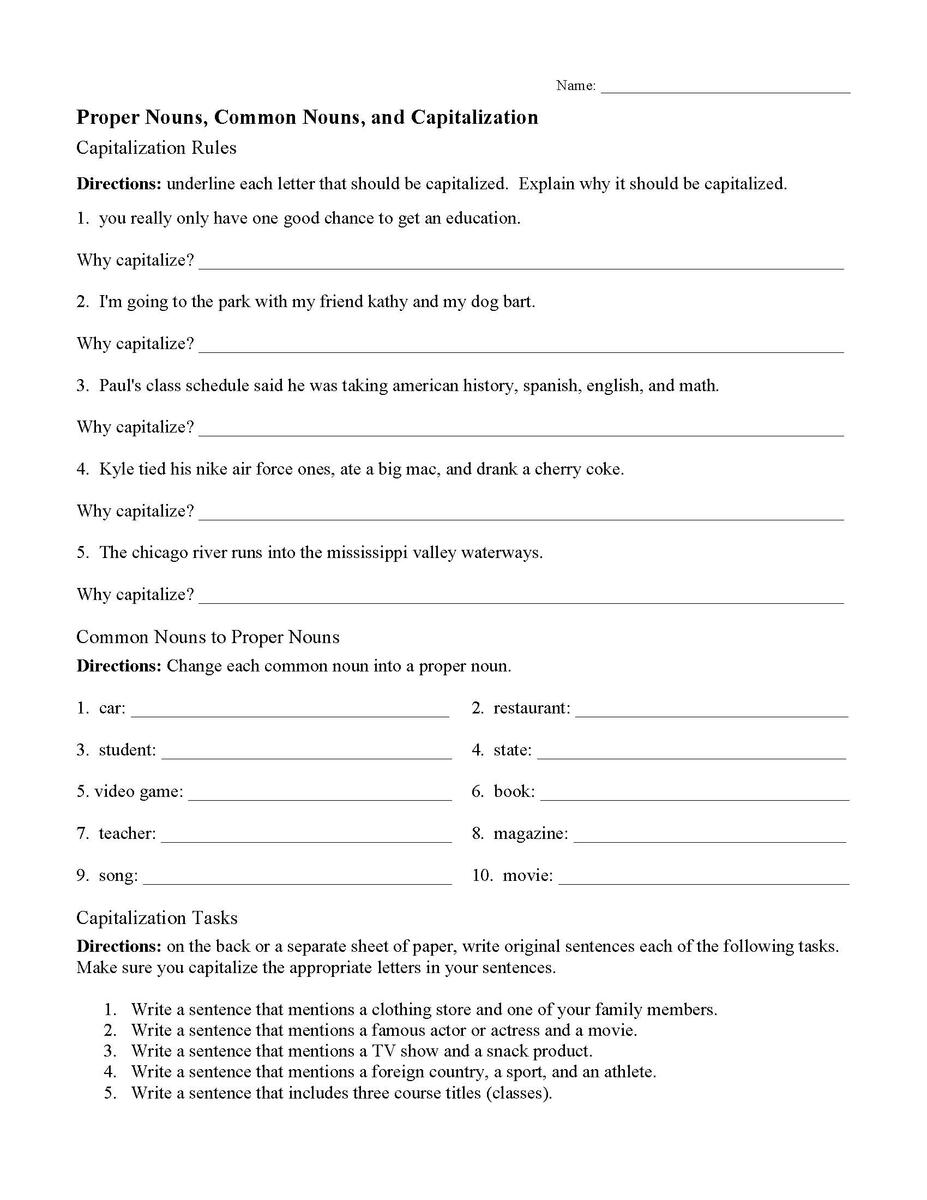 Common And Proper Nouns And Capitalization Worksheet Grammar Activity Capitalization Worksheets Free Printable Grammar Practice