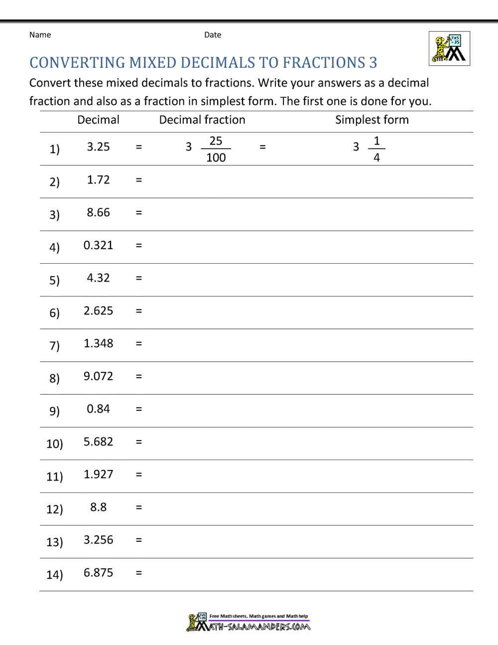 Converting Decimals To Fractions Worksheet
