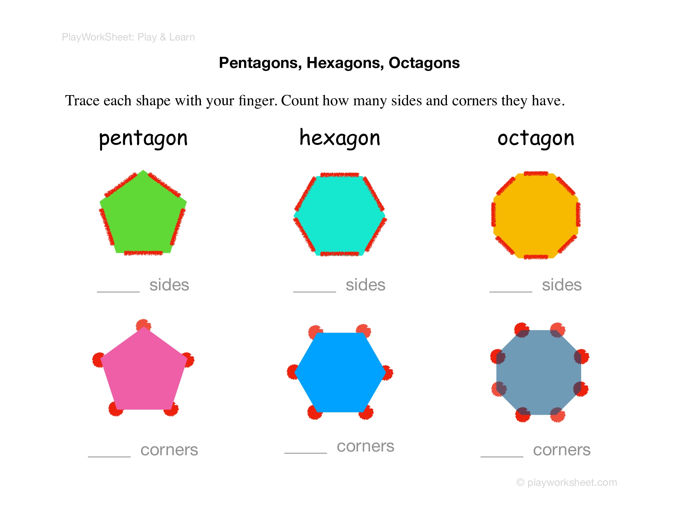 Counting Sides And Corners Of Pentagon Hexagon And Octagon Free Printables For Kids Learning Shapes Activity Page Octagon Geometric Shapes Worksheets For Kids Stock Vector Image Art Alamy