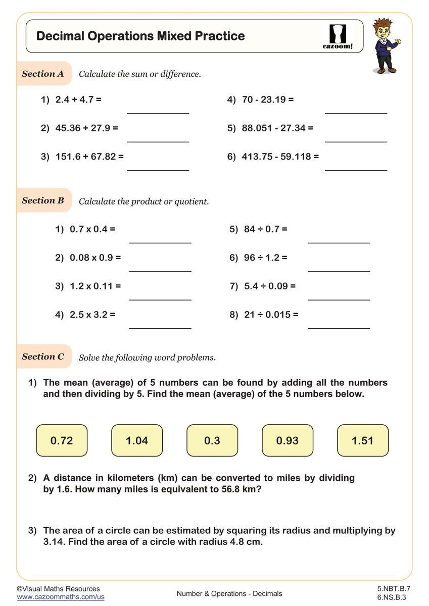 Sixth Grade Adding Decimals Worksheet