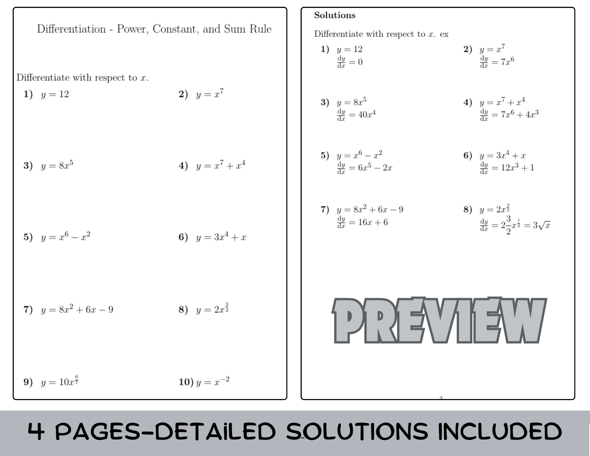 Differentiation Power Constant And Sum Rule Worksheet With Solutions Teaching Resources Differentiation Power Constant And Sum Rule Worksheet With Solutions Teaching Resources