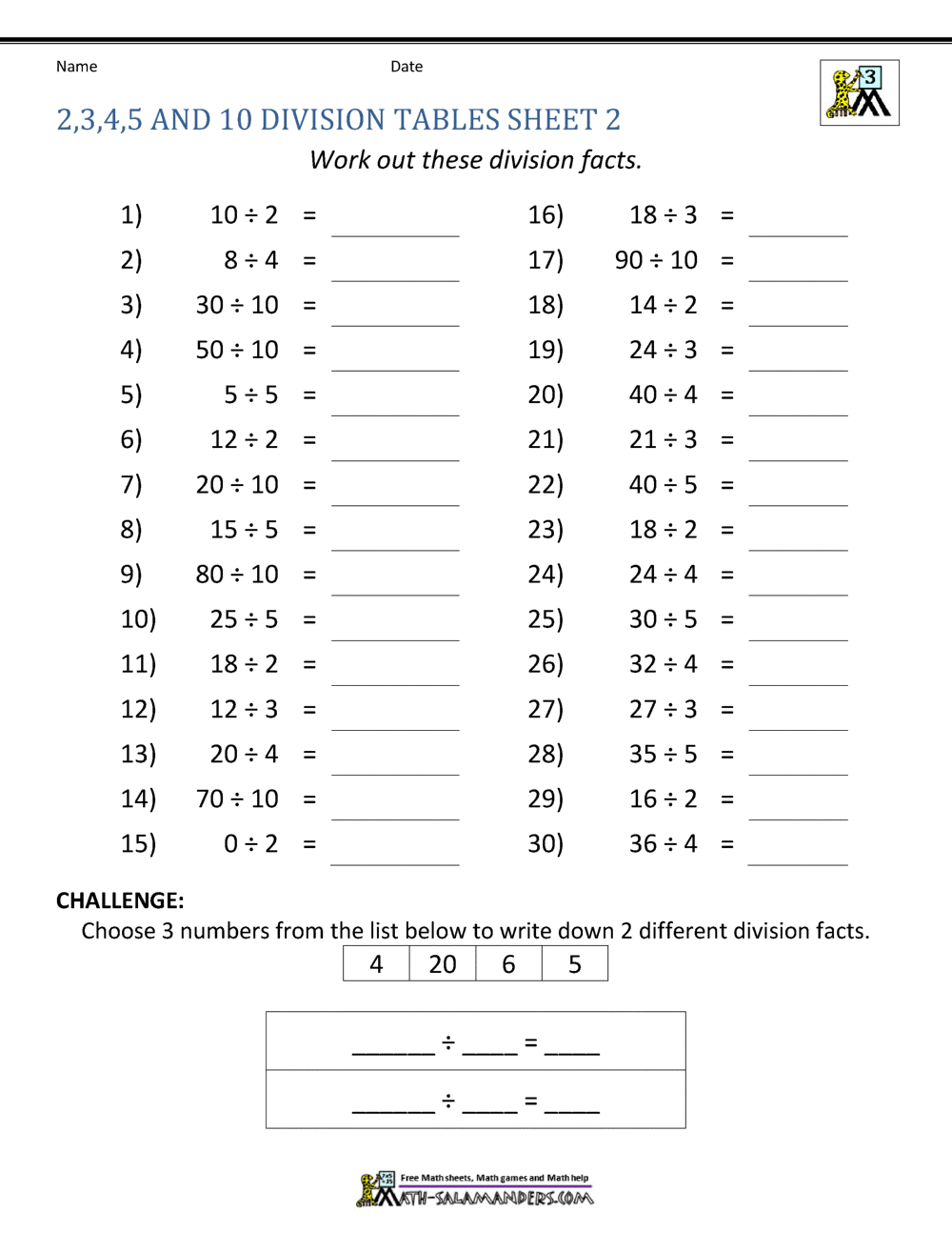 Division Facts Worksheets Division Chart Printable Paper Trail Design