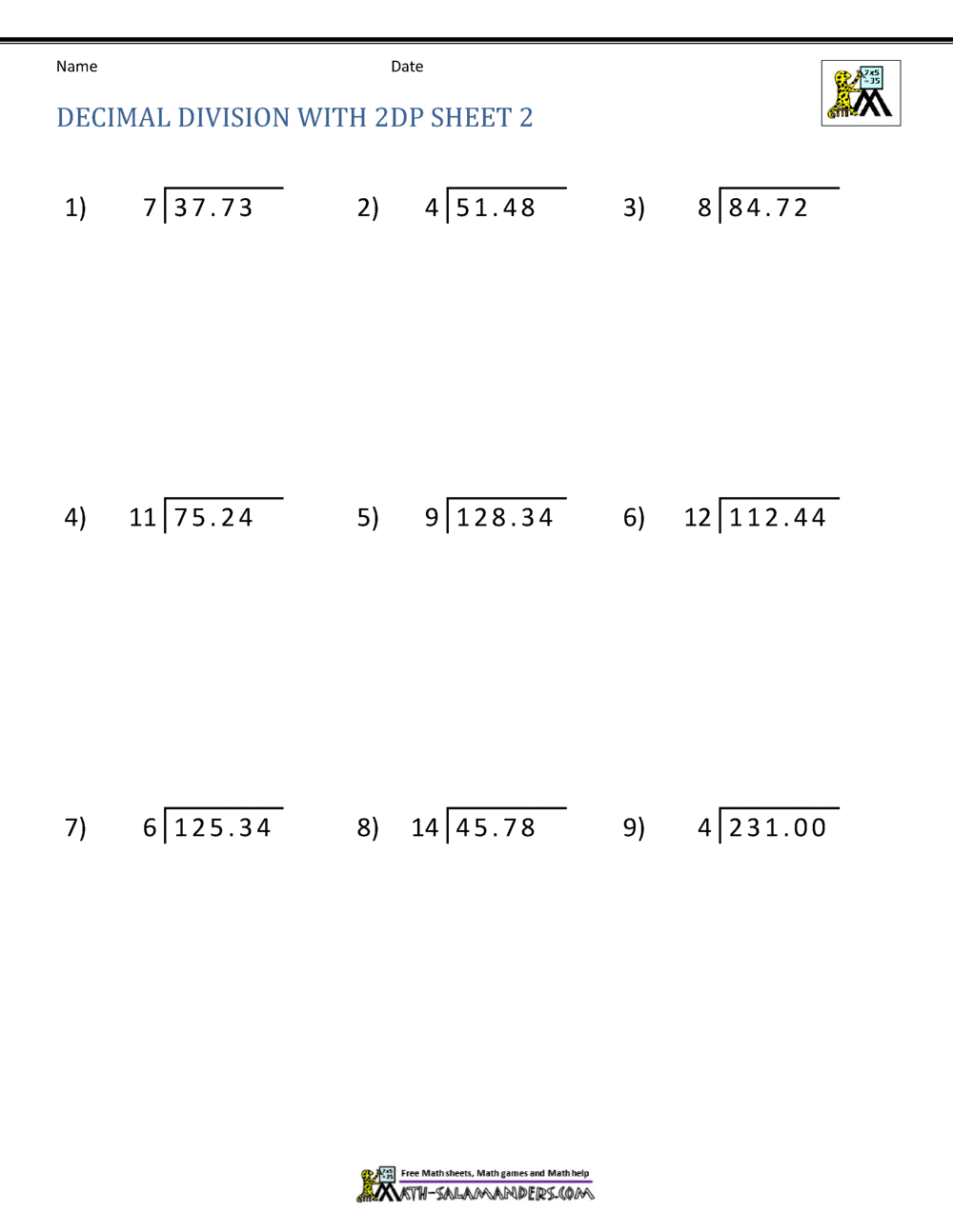 Decimal Division Worksheets