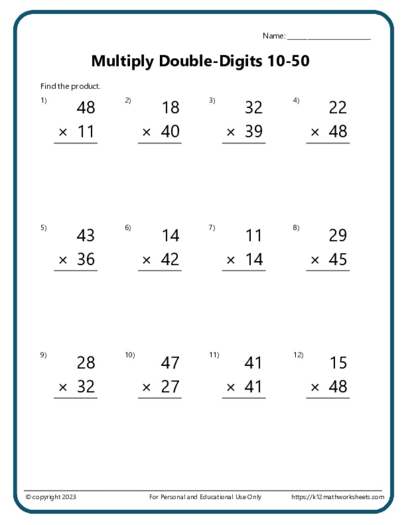 Multiplying With 2 Digit Numbers Printable Multiplication Worksheets