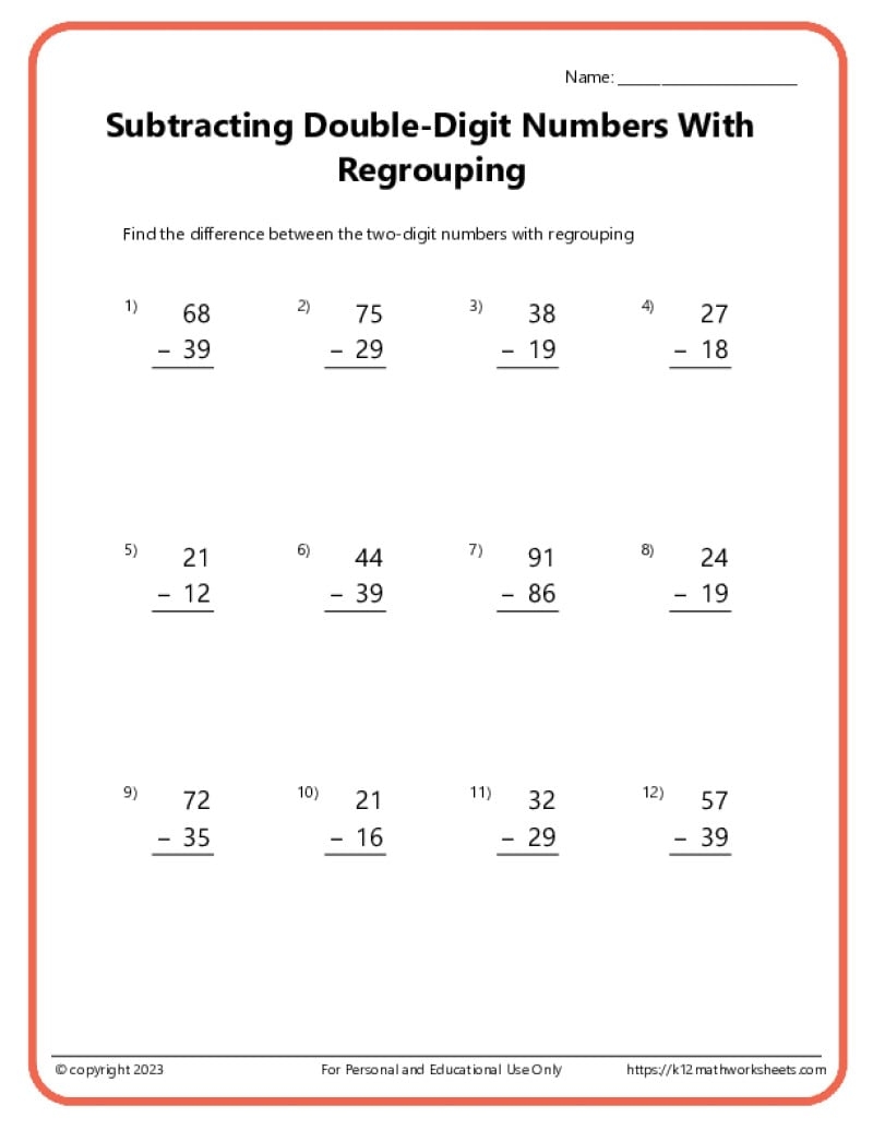 Double Digit Subtraction With Regrouping Borrowing K12 Math Worksheets Free 2 Digit Subtraction Worksheet Regrouping Worksheets4Free