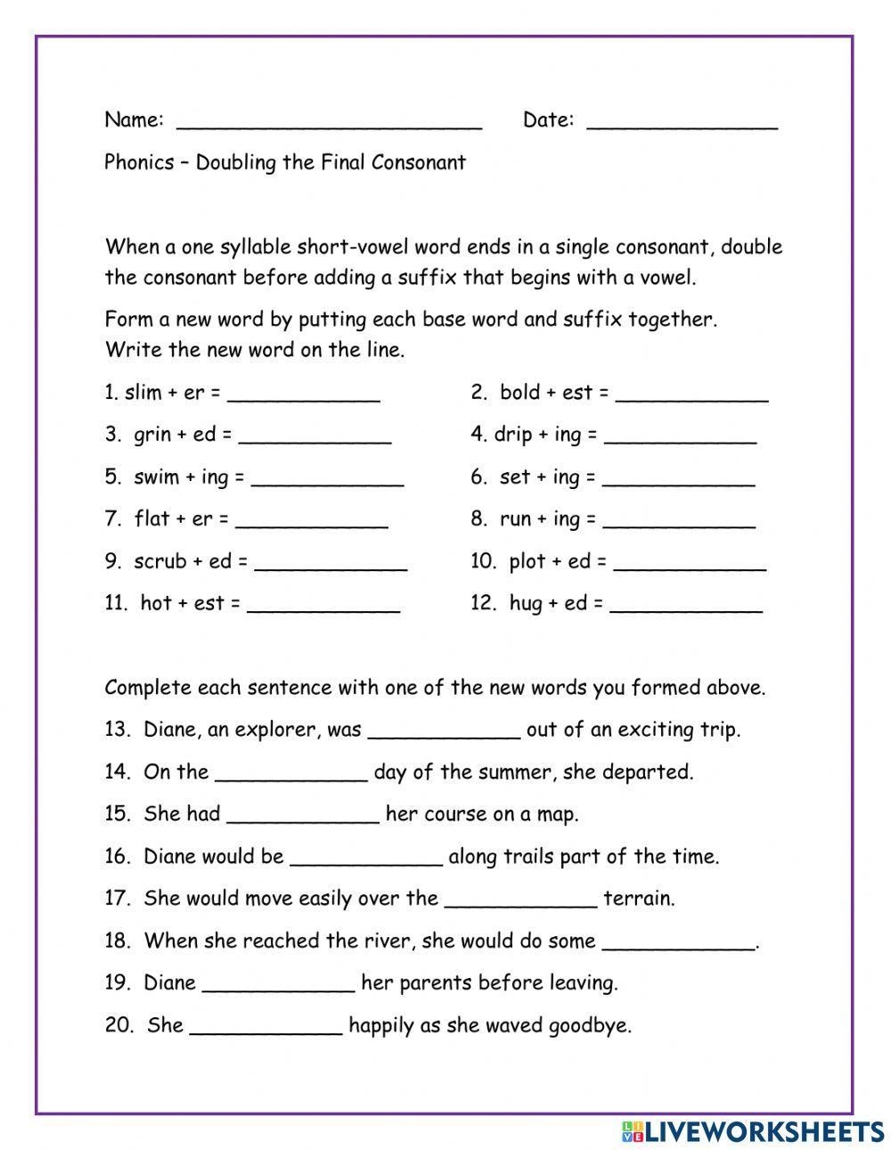 Doubling The Final Consonants Worksheet Worksheets Library