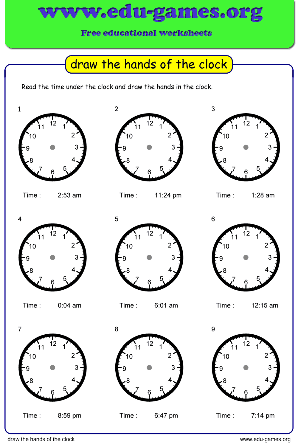 Draw The Hands Of The Clock Worksheet Edu Games