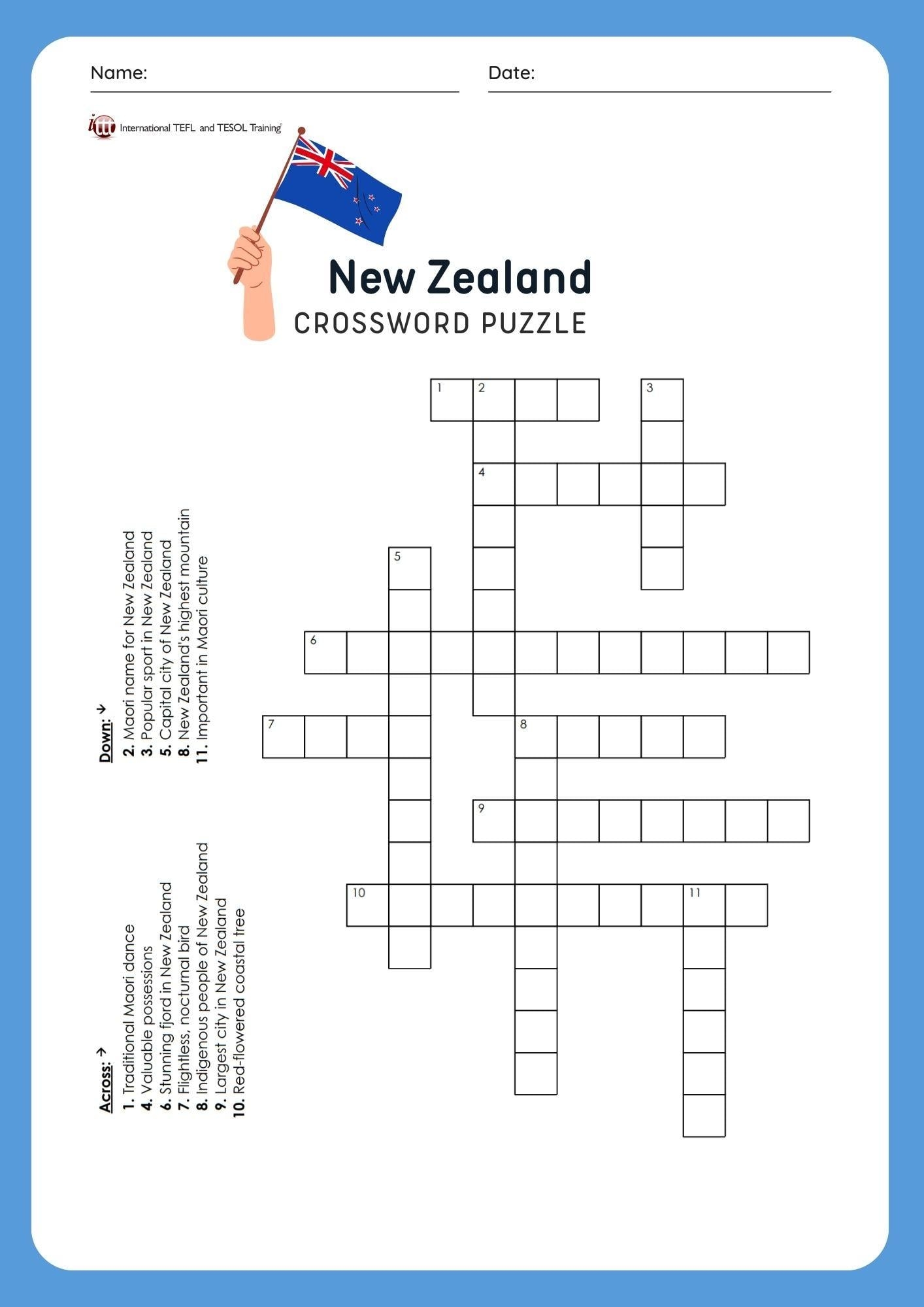 EFL New Zealand Vocabulary Crossword Puzzle ITTT EFL New Zealand Vocabulary Crossword Puzzle ITTT