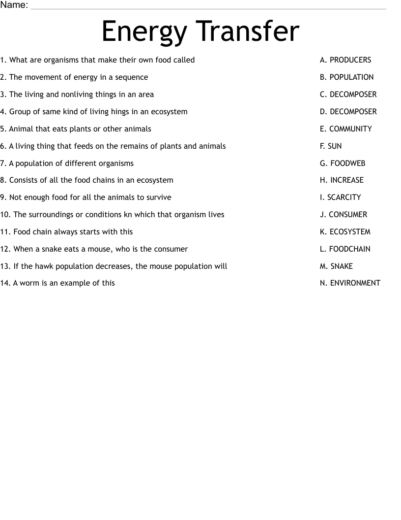 Energy Transfer Worksheet WordMint